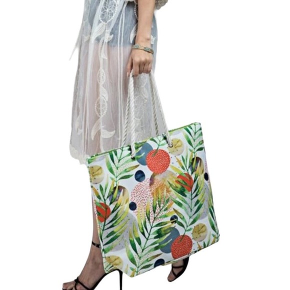 TROPICAL LEAF WITH FLOWER PRINT & ABSTRACT TOTE BAG - Picture 6 of 8